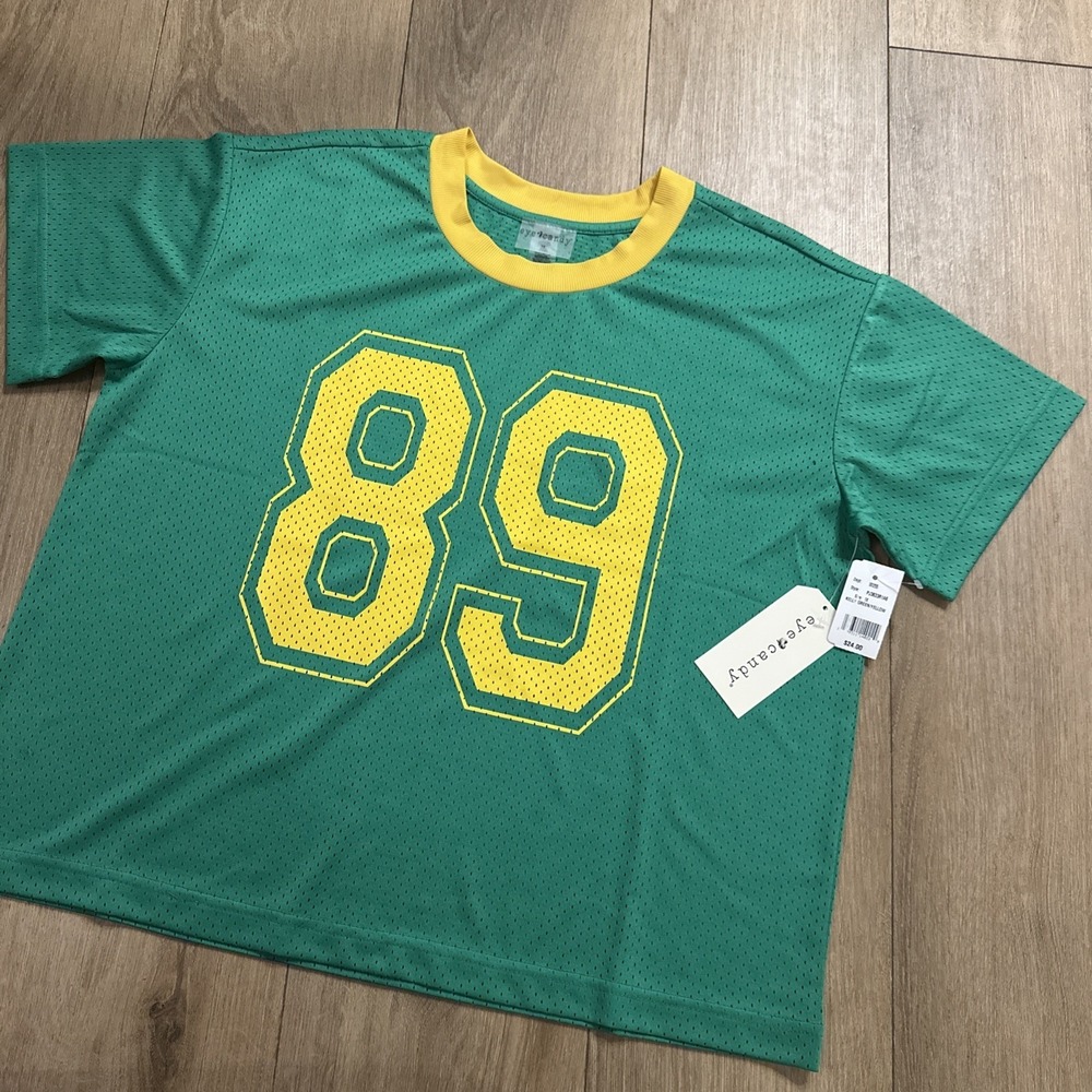 Eye Candy Women's 1X Crop Football Jersey Green Yelllow College School #89 NWT